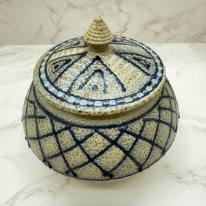 Vintage Ceramic Lidded Jar Studio Pottery Apothecary Pot Blue Tan Rustic Cottage